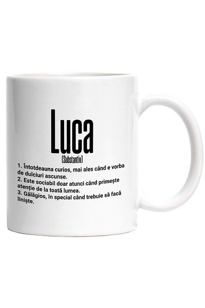 INOVATIX Personalized white mug, Name Luca, With Funny Message, Curious, Sociable, Noisy, INOVATIX®. 330ml