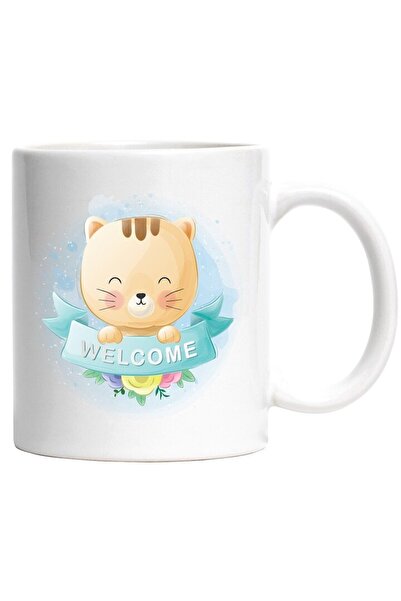 INOVATIX Cana alba personalizata, Mesaj In Engleza Welcome, Pisica, Flori, Pa...