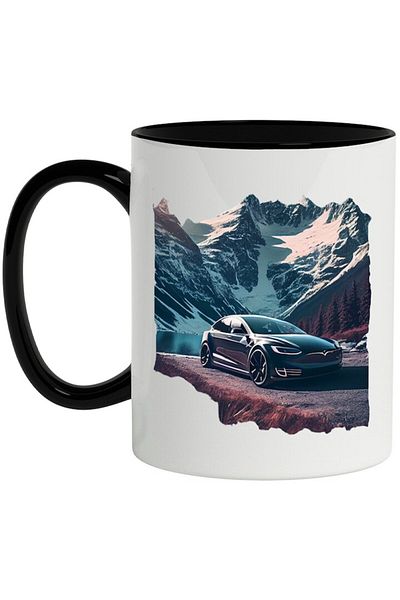 INOVATIX Personalized white mug, Car, Lake, Mountain, Snow, Road, Forest, with Black Handle, INOVATIX®. 330ml