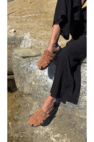 Eataly Shoes Tan Suede Basket Model Buckle Flat Women's Slippers