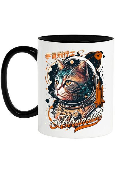 INOVATIX Personalized white mug, Astronaut Cat in Space, with Black Handle, INOVATIX®. 330ml