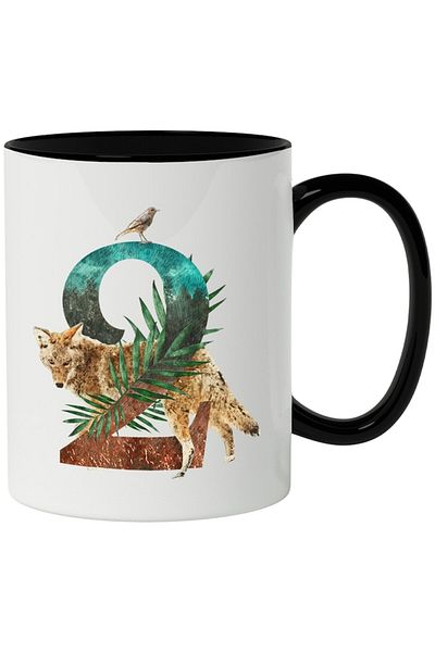 INOVATIX Personalized white mug, Number, 2, Fox, Bird, Leaves, with Black Handle, INOVATIX®. 330ml