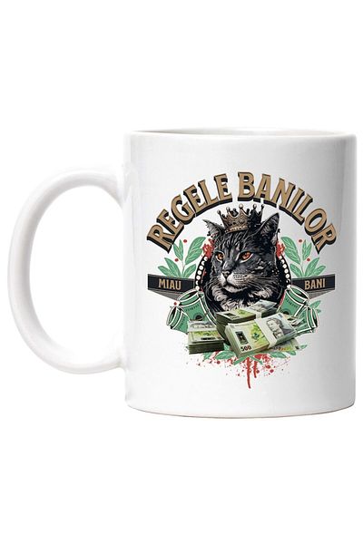 INOVATIX Personalized white mug, King of Money - Cat with Stack of Romanian Money, INOVATIX®. 330ml