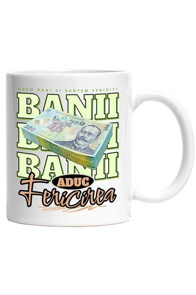 INOVATIX Personalized white mug, Money Brings Happiness - Tea of ​​100 Romanian LEI, INOVATIX®. 330ml