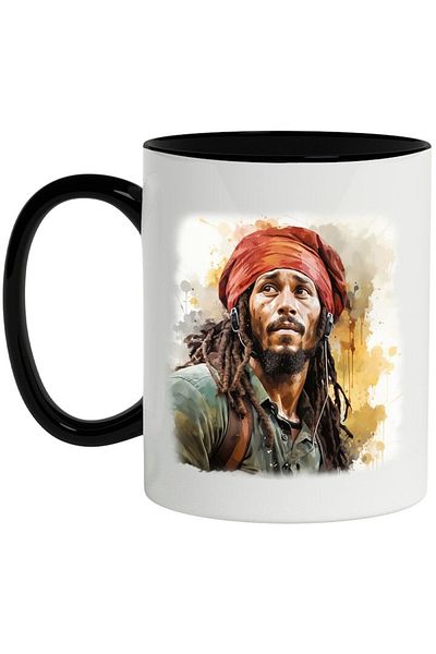INOVATIX Personalized white mug, Bob Marley, Artist, Celebrity, Singer, with Black Handle, INOVATIX®. 330ml