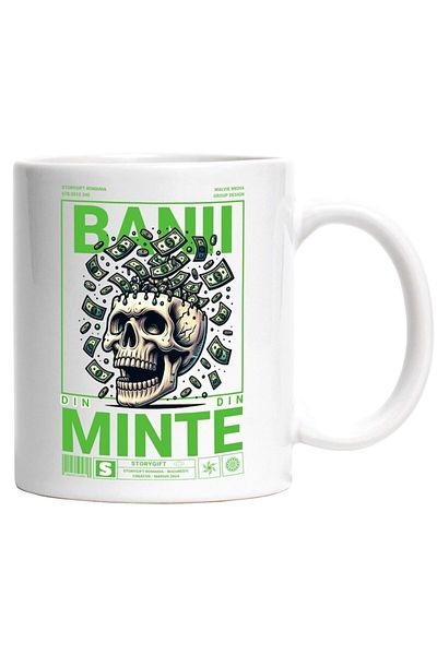 INOVATIX Cana alba personalizata, Banii din Minte -Craniu cu Bani in Loc de Creier, INOVATIX®. 330ml