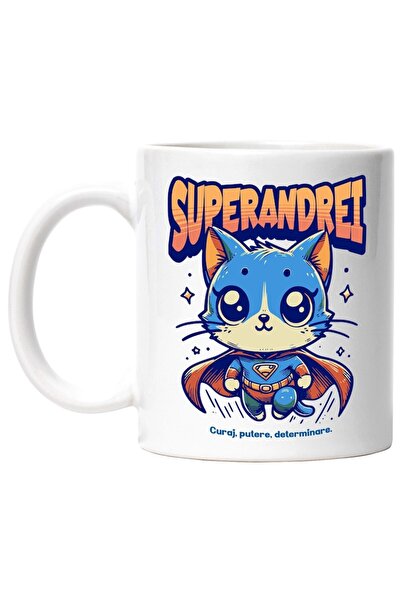 INOVATIX Персонализирана бяла чаша, Супер Андрей, Супергерой, Летяща котка, I...