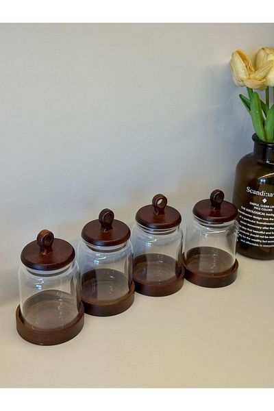 BUCOLIC Set of 4 Natural Acacia Base Glass Spice Jars