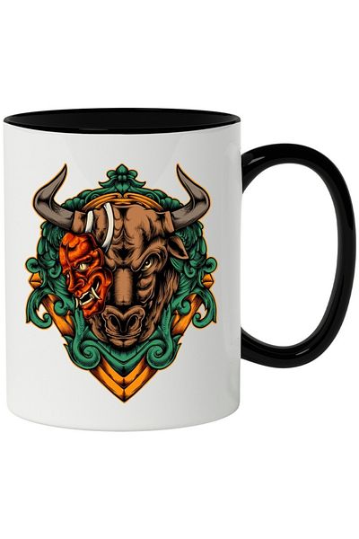 INOVATIX Personalized white mug, Ox, Mask, Oni, Demon, with Black Handle, INOVATIX®. 330ml