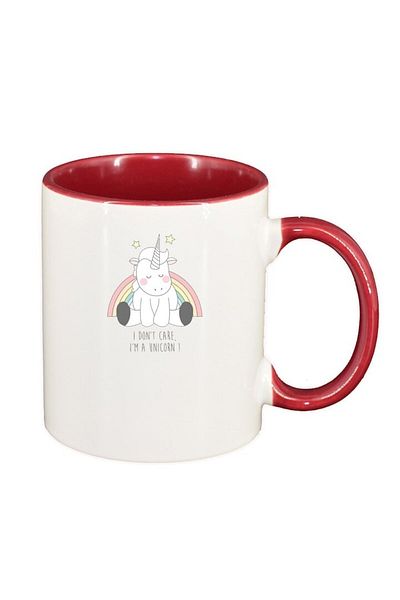 INOVATIX Personalized white mug, I Don't Care - Unicorn, dark red interior, D1430, INOVATIX®. 330ml