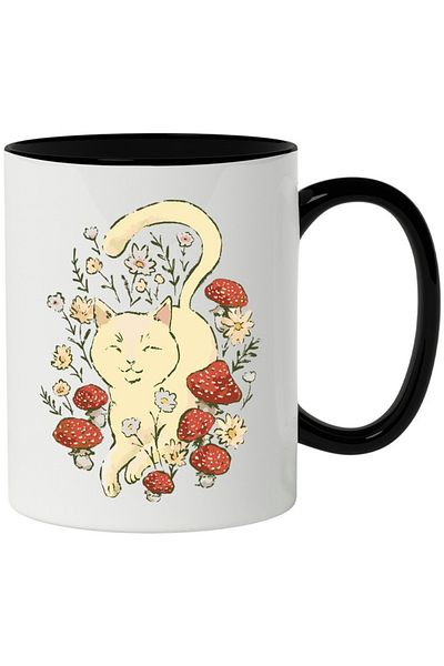 INOVATIX Personalized white mug, Mushrooms, Flowers, Cottagecore, Chamomile, with Black Handle, INOVATIX®. 330ml