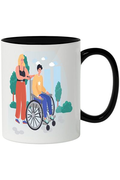 INOVATIX Personalized white mug, Wheelchair, Sneakers, City, Walking, with Black Handle, INOVATIX®. 330ml