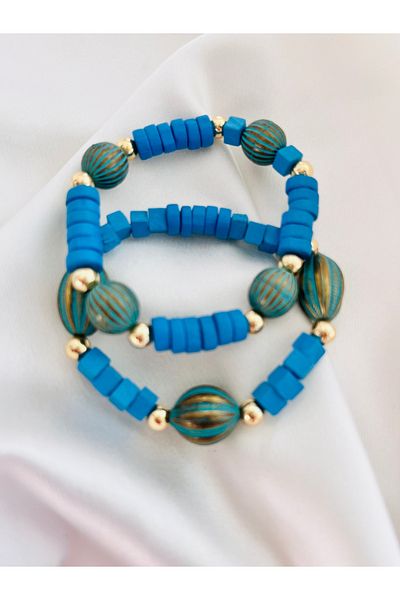 COCOSH TAKI Turquoise Dark Blue Wooden Beads Multi Bracelet with Gold Details