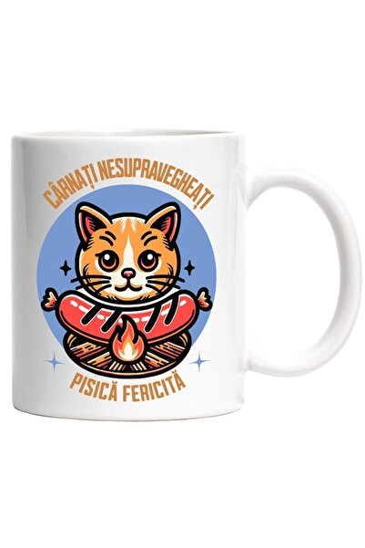 INOVATIX Cana alba personalizata, Pisica fericita ce tine un carnacior, grata...