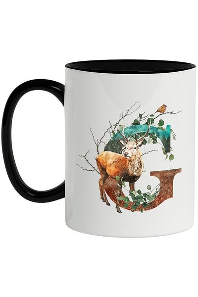 INOVATIX Personalized white mug, Letter, G, Deer, Bird, Branches, Leaves, with Black Handle, INOVATIX®. 330ml