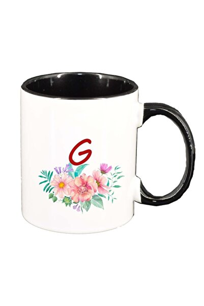 INOVATIX Εξατομικευμένη λευκή κούπα, Λουλούδια με αλφάβητο, μαύρο εσωτερικό, ...