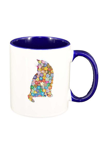 INOVATIX Personalized white mug, Flowers, Cat, dark blue interior, D995, INOVATIX®. 330ml