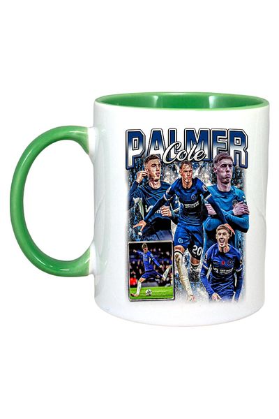 INOVATIX Personalized White Mug, Palmer Cole Player, Green Handle and Interior, ®. 330ml