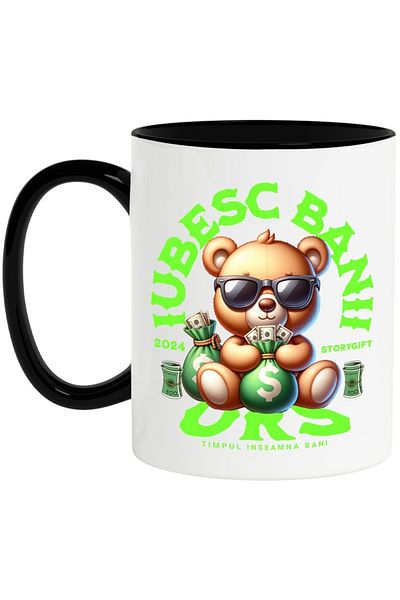 INOVATIX Personalized white mug, URS - I Love Money, Time Means Money, with Black Handle, INOVATIX®. 330ml