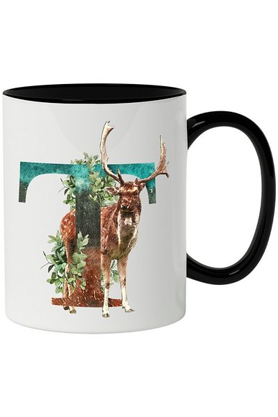 INOVATIX Personalized white mug, Letter, T, Deer, Leaves, with Black Handle, INOVATIX®. 330ml