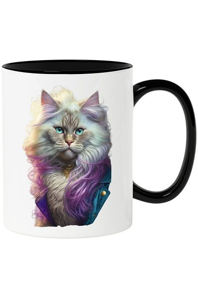 INOVATIX Personalized white mug, With Colorful Fur, Purple, With Clothes, Necklace, with Black Handle, INOVATIX®. 330ml