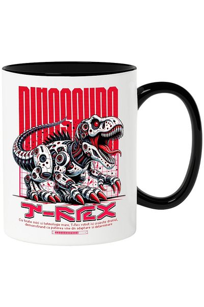 INOVATIX Personalized white mug, T-REX Dinosaur Robot in Action, with Black Handle, INOVATIX®. 330ml