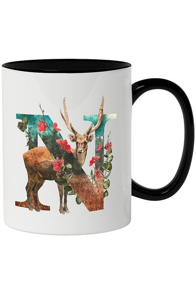 INOVATIX Personalized white mug, Letter, N, Deer, Flowers, with Black Handle, INOVATIX®. 330ml