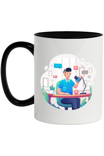 INOVATIX Personalized white mug, Podcast, Microphone, Headphones, Office, with Black Handle, INOVATIX®. 330ml