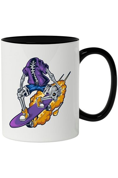 INOVATIX Personalized white mug, Skeleton, Skull, Skateboard, Smoke, Jacket, with Black Handle, INOVATIX®. 330ml