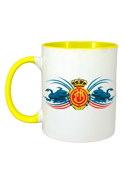 INOVATIX Personalized White Mug, Rcd Mallorca Spain, Yellow Handle and Interior, ®. 330ml