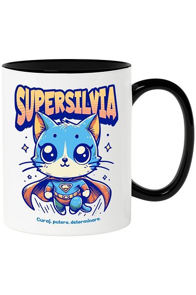 INOVATIX Personalized white mug, Super Silvia, Superhero, Flying Cat, with Black Handle, INOVATIX®. 330ml
