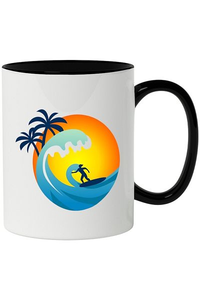 INOVATIX Personalized white mug, Surf, Wave, Palm Trees, Sunset, Sea, with Black Handle, INOVATIX®. 330ml