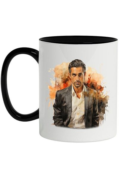 INOVATIX Personalized white mug, Man, Suit, Jacket, Shirt, Watercolor, with Black Handle, INOVATIX®. 330ml