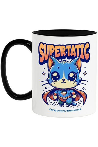 INOVATIX Personalized white mug, Super Daddy, Superhero, Flying Cat, with Black Handle, INOVATIX®. 330ml