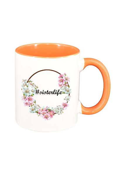 INOVATIX Personalized white mug, Flowers, #sisterlife, orange interior, D1042, INOVATIX®. 330ml