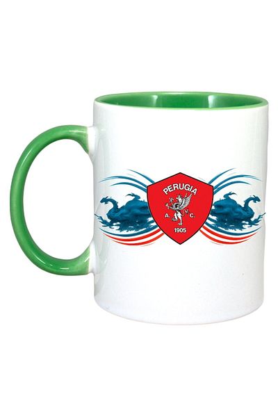 INOVATIX Personalized White Mug, Ac Perugia Italy, Green Handle and Interior, ®. 330ml