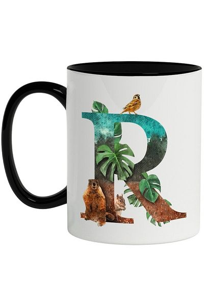 INOVATIX Personalized white mug, Letter, R, Bird, Squirrel, Beaver, with Black Handle, INOVATIX®. 330ml