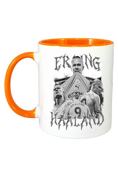 INOVATIX Personalised White Mug, Erling Haaland, Orange Handle and Interior, ®. 330ml