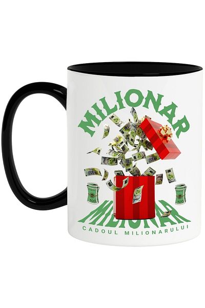 INOVATIX Personalized white mug, _Millionaire_ - Millionaire's Gift, with Black Handle, INOVATIX®. 330ml