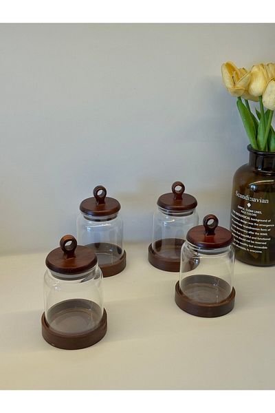 BUCOLIC Set of 4 Natural Acacia Base Glass Spice Jars
