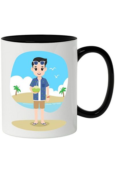 INOVATIX Personalized white mug, Coconut, Beach, Water, Palm Trees, with Black Handle, INOVATIX®. 330ml