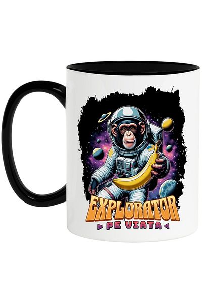 INOVATIX Personalized white mug, Monkey Astronaut - Explorer of Life, with Black Handle, INOVATIX®. 330ml