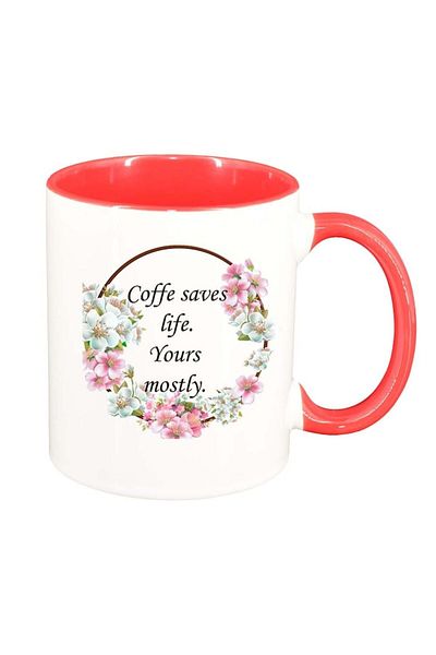 INOVATIX Personalized white mug, Flowers, Coffee saves life, dark red interior, D1040, INOVATIX®. 330ml