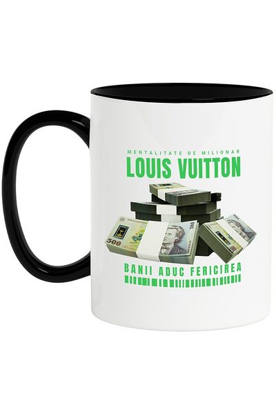 INOVATIX Personalized white mug, _Louis Vuitton_ - Money Brings Happiness, with Black Handle, INOVATIX®. 330ml