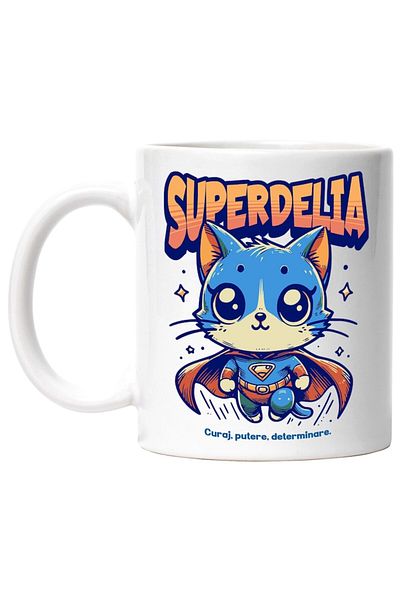 INOVATIX Personalized white mug, Super Delia, Superhero, Flying Cat, INOVATIX®. 330ml