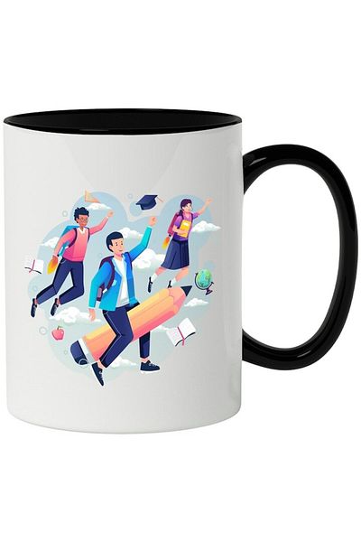 INOVATIX Personalized white mug, Students, Pencil, Book, Square, with Black Handle, INOVATIX®. 330ml