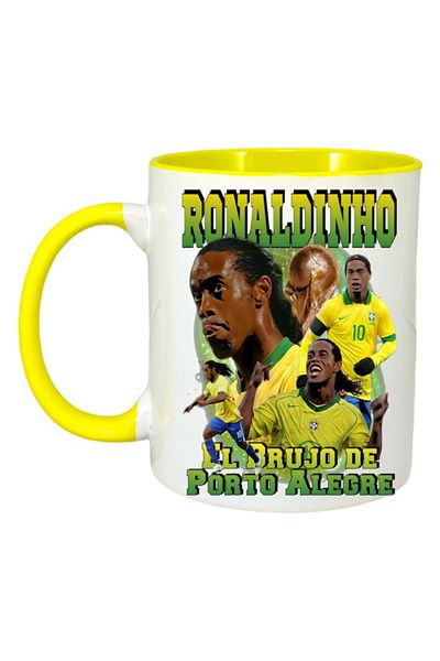 INOVATIX Personalized White Mug, Ronaldinho Brasil, Yellow Handle and Interior, ®. 330ml