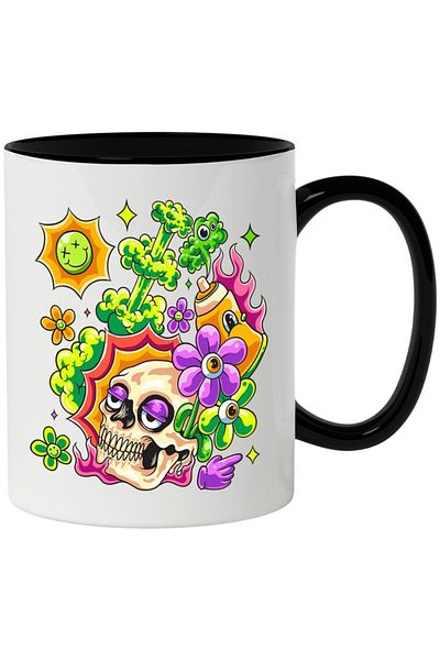 INOVATIX Personalized white mug, Skull, Flowers, Eyes, Flames, with Black Handle, INOVATIX®. 330ml