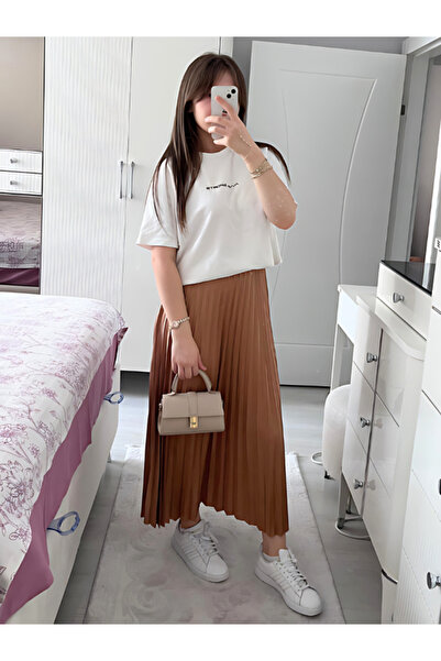 İmajButik Bisküvi Deri Görünümlü Piliseli Etek - Tam Kalıp, Yeni Sezon Dokuma...