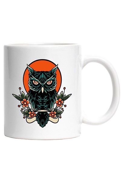 INOVATIX Personalized white mug, Owl, Flowers, Circle, Leaves, Ribbon, Branch, INOVATIX®. 330ml